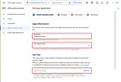 OAuth onay ekranı - Uygulama Bilgileri alanları: uygulama adı, logo, destek e-postası