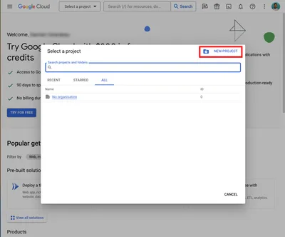 Google Cloud Console - Yeni proje oluşturma arayüzü