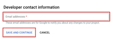 OAuth onay ekranı - Geliştirici iletişim bilgileri alanları