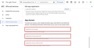 OAuth onay ekranı - Uygulama Etki Alanı bölümü: ana sayfa, gizlilik politikası, hizmet şartları