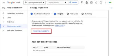 OAuth onay ekranı - Gmail API izinlerini gösteren Kapsamları Ekle veya Kaldır paneli