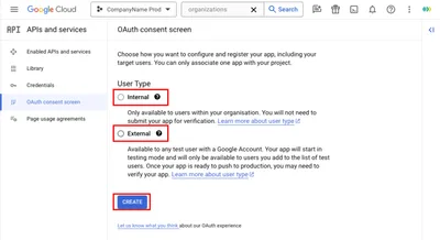 OAuth onay ekranı - kullanıcı türü seçimi: Dahili veya Harici