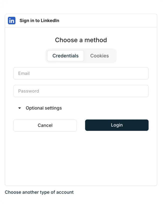 Sign-in form for LinkedIn account with options to authenticate via credentials or cookies