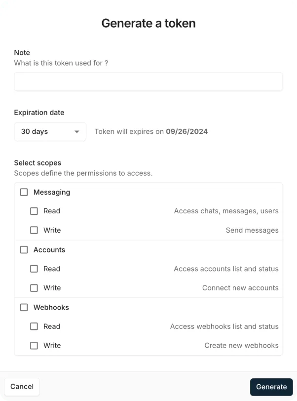 Generate access tokens with scoped permissions Form interface to generate an access token with permission scopes and expiration settings