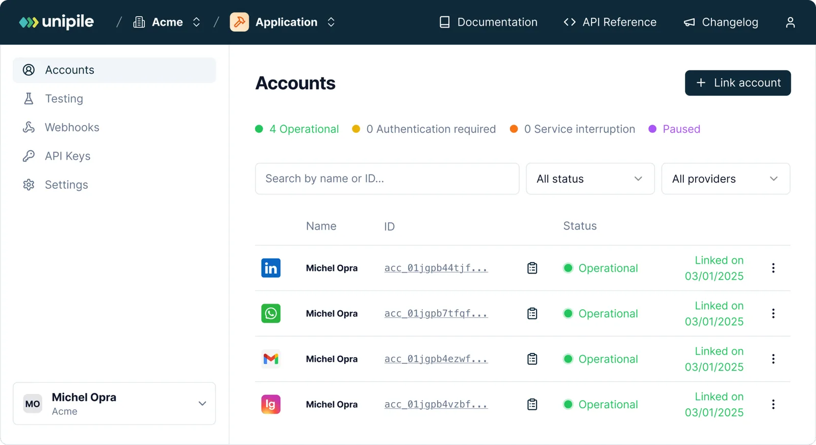 Unipile dashboard showing operational LinkedIn, WhatsApp, Gmail, and Instagram API accounts